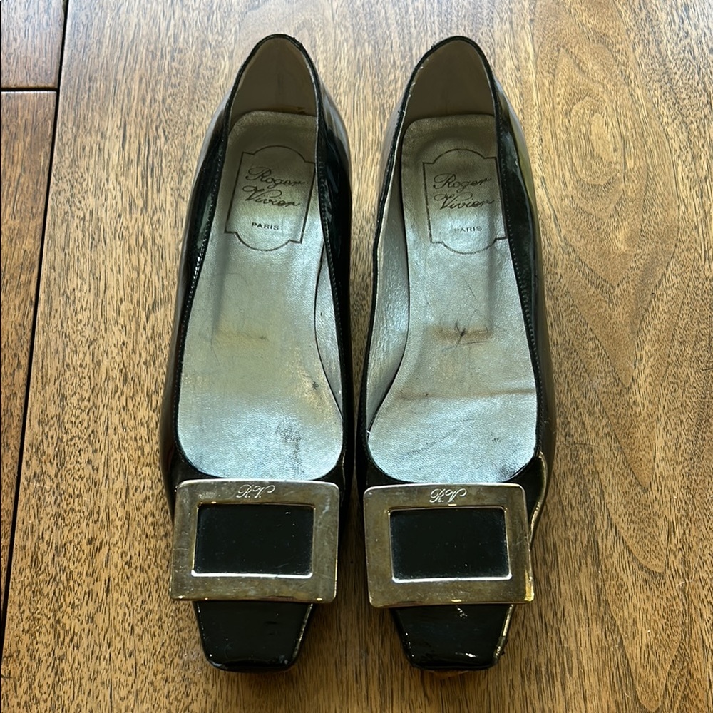 Roger Vivier Black Patent Leather Flats with Silver Buckle